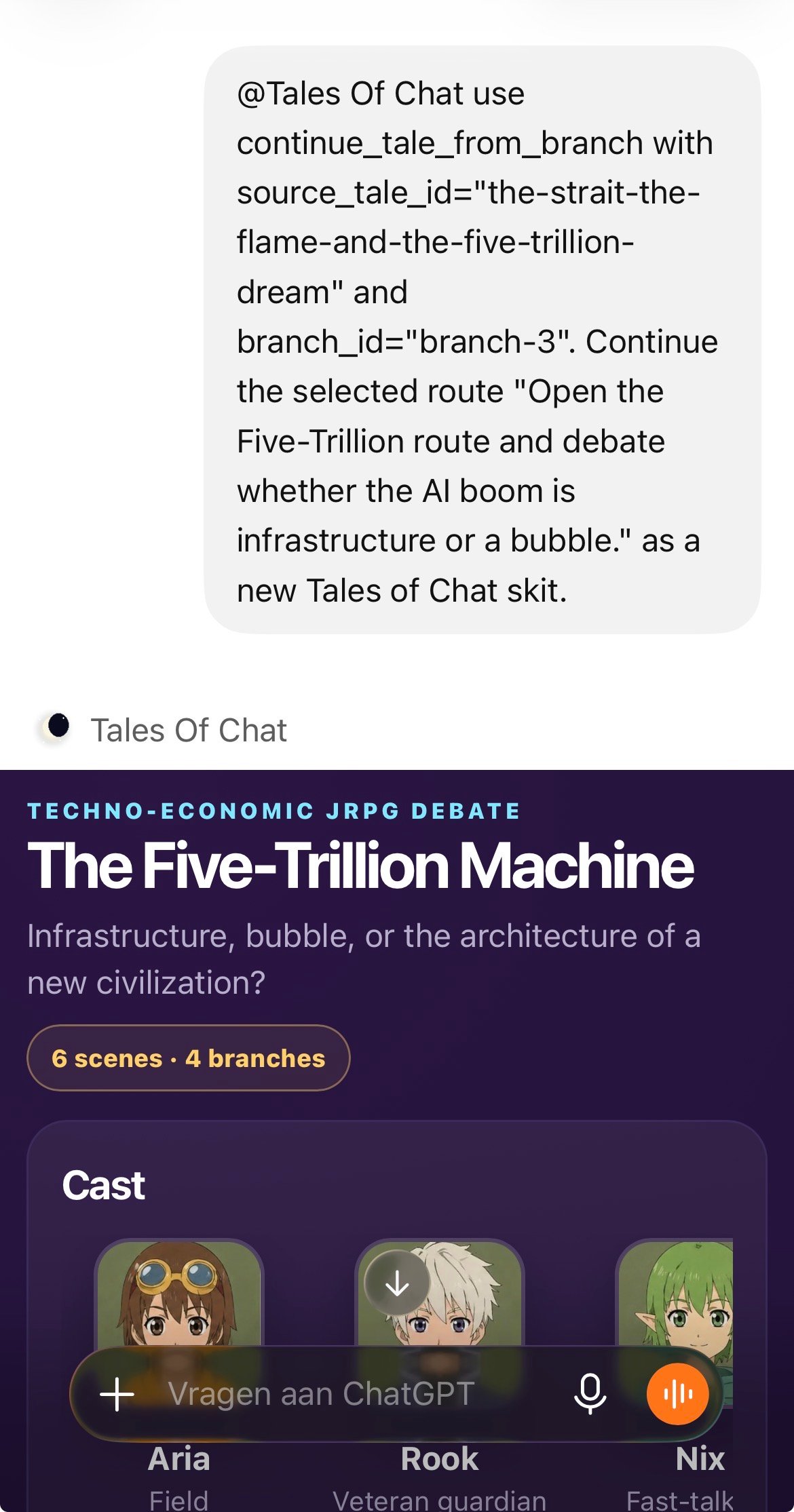 A GPT prompt calling Tales Of Chat to continue a branch, followed by the resulting skit page.