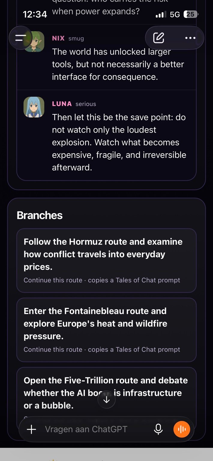 Tales Of Chat inside GPT showing branch cards that continue different routes.
