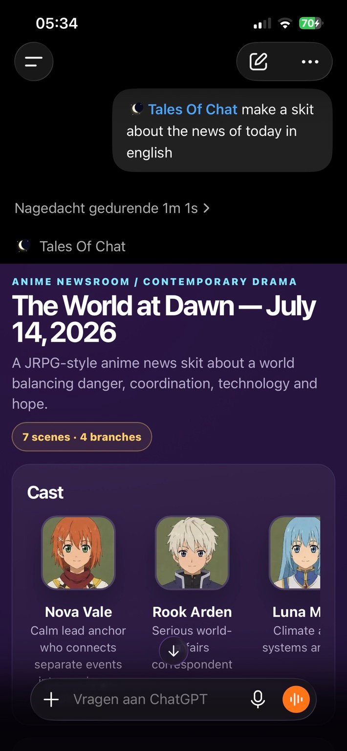 Tales Of Chat in GPT developer mode showing a generated news skit with cast cards.