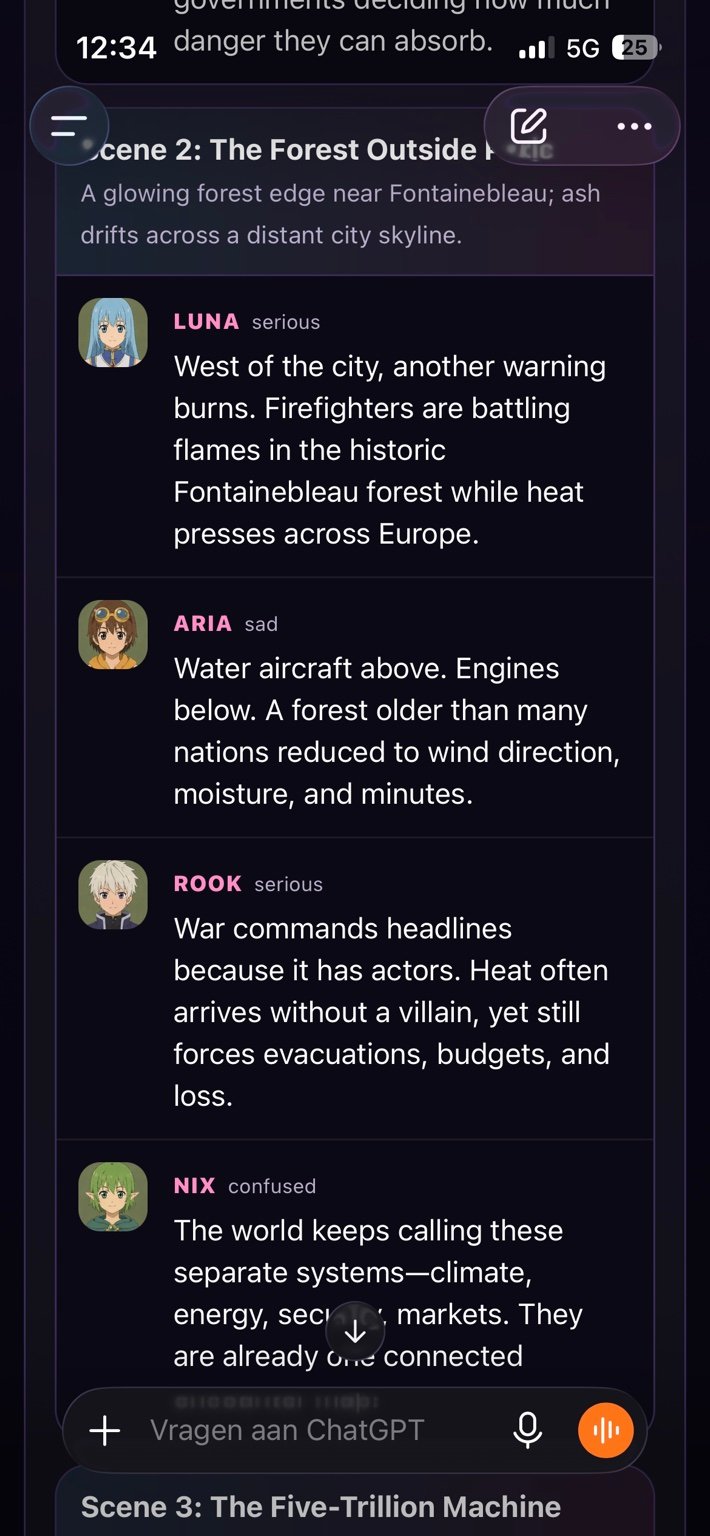 A Tales Of Chat scene inside GPT showing character dialogue in a follow-up branch.